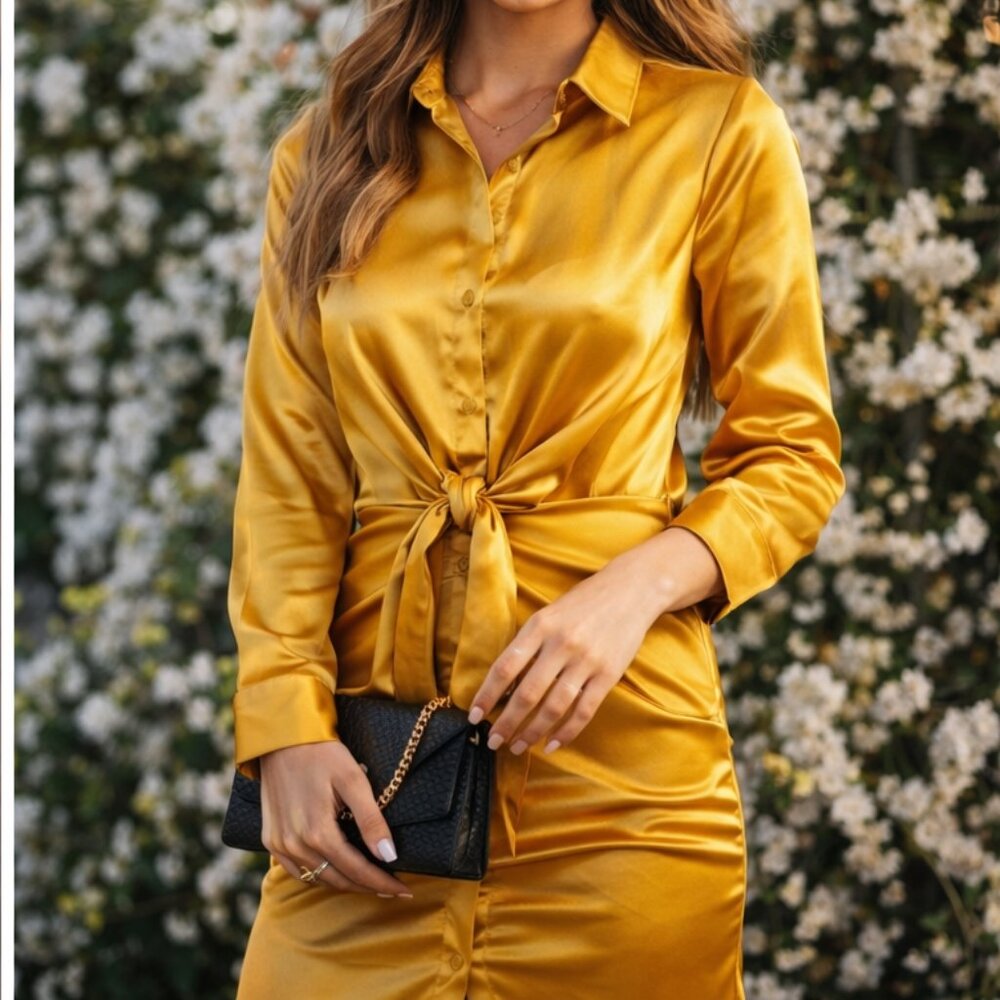 Australian Designer MORRISDAY Gold Satin Mini Shirt Dress Ruched Skirt Tie Front